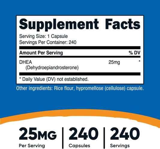 Tabela Nutricost DHEA: 25 mg por cápsula e 240 porções