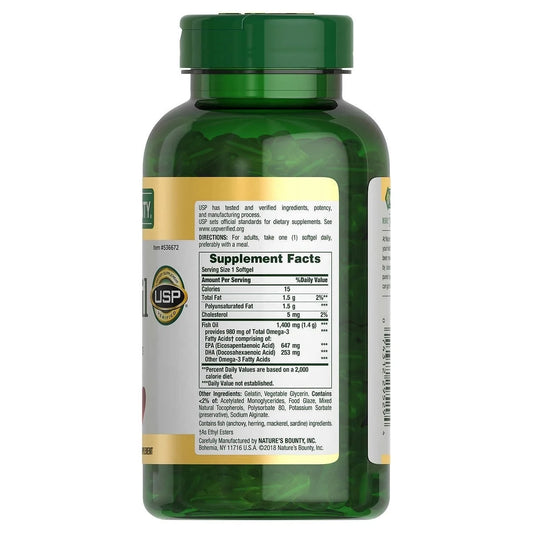 Frasco do suplemento Ômega-3 Nature's Bounty 1400 mg, 130 cápsulas gelatinosas – fórmula concentrada de EPA e DHA para saúde cardiovascular