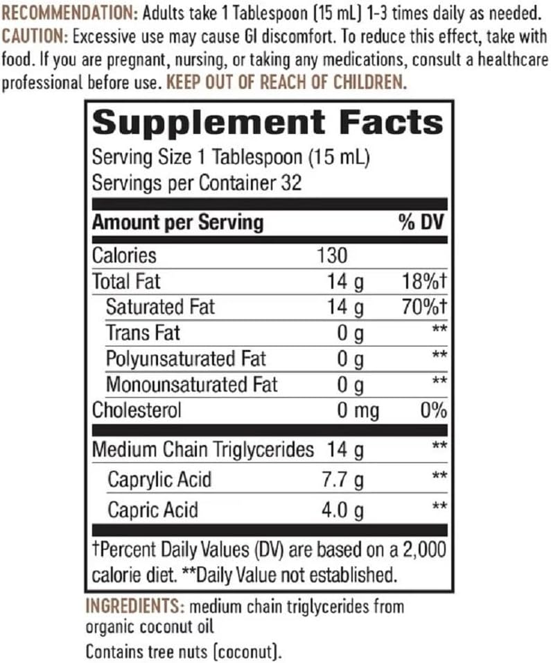 Informação nutricional do Óleo MCT de Coco Nature's Way.