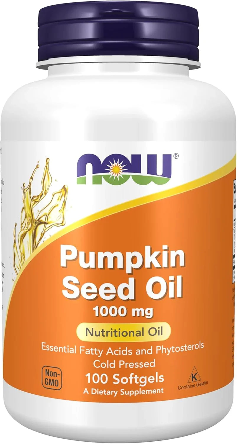 Frasco de NOW Foods Pumpkin Seed Oil 1000mg óleo de semente de abóbora com 100 softgels.