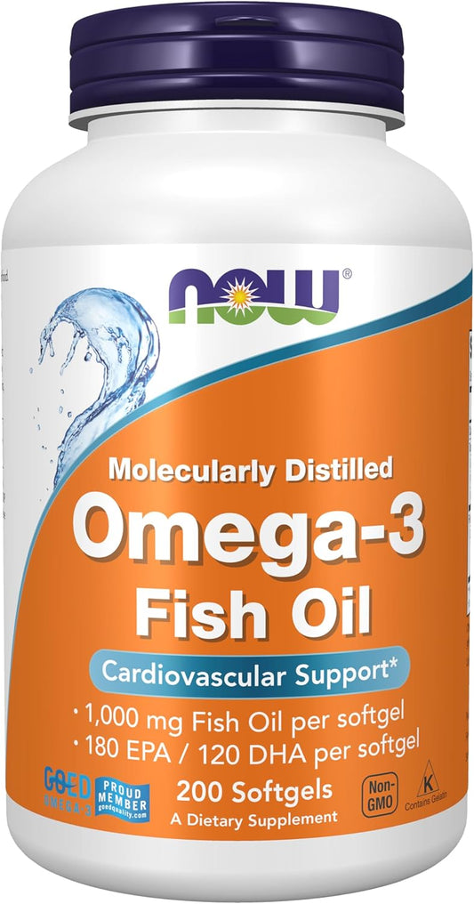 Frasco de suplemento Ômega-3 Fish Oil, 1000mg óleo de peixe, 200 cápsulas.