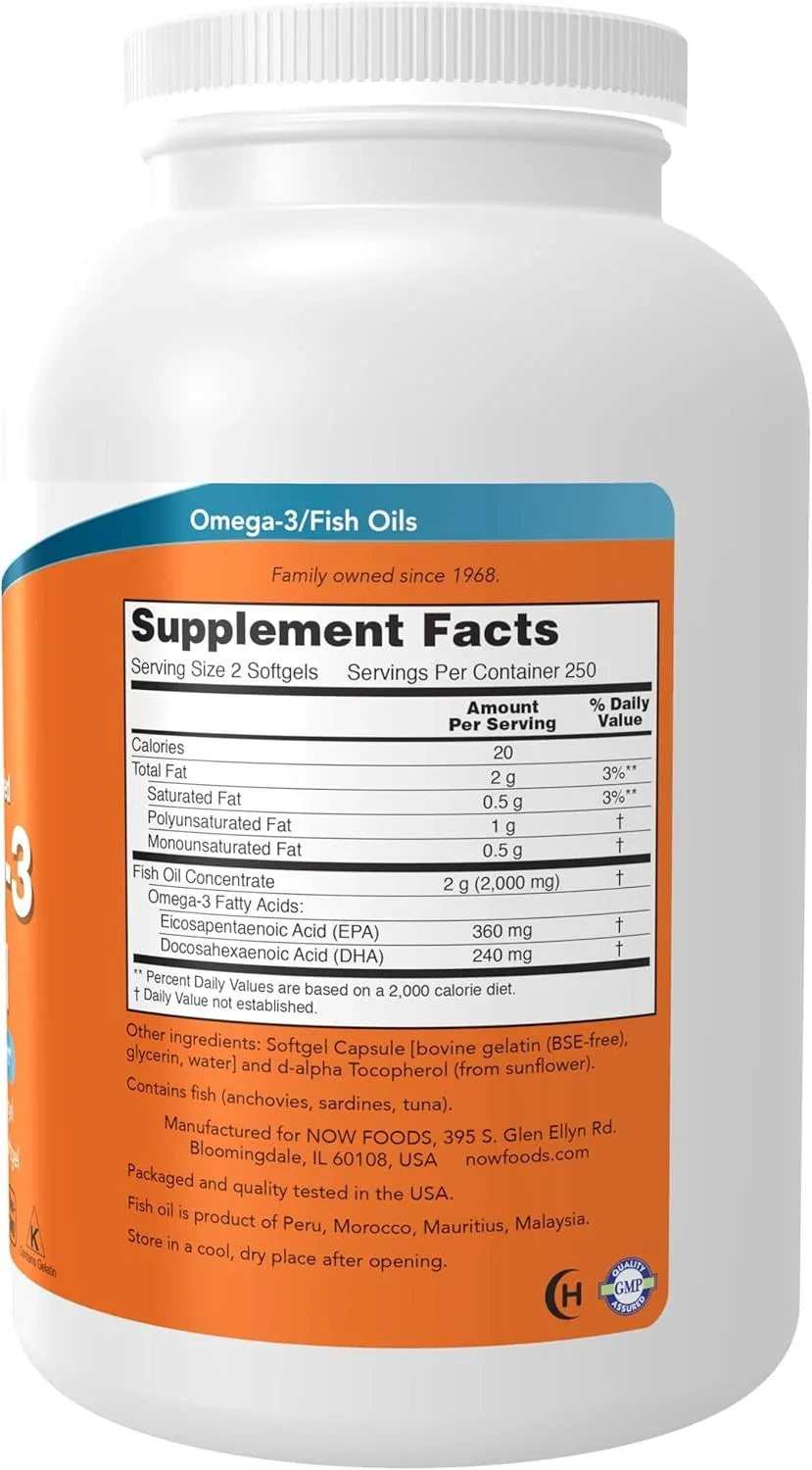 abela nutricional do NOW Foods Omega-3 com 360 mg de EPA e 240 mg de DHA por porção.