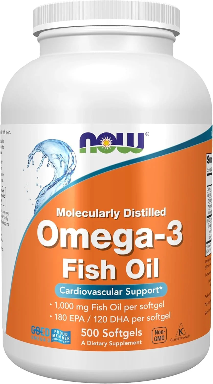 Frasco de NOW Foods Omega-3 Fish Oil 1.000 mg com 500 softgels.