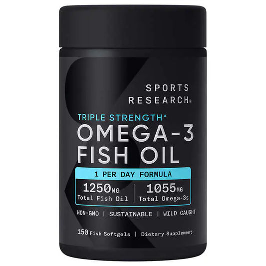 Frasco de suplemento Ômega-3 Fish Oil Sports Research, 150 cápsulas, 1250mg óleo de peixe.