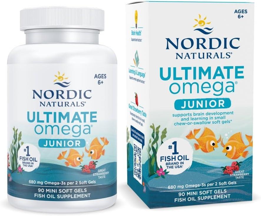 Frasco do suplemento Nordic Naturals Ultimate Omega Jr. sabor morango com 90 mini cápsulas, embalagem original importada dos Estados Unidos.
