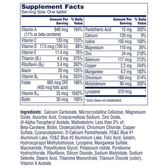 Tabela Nutricional One A Day Men's 50+ ingredientes sem ferro e vitaminas para o coração.