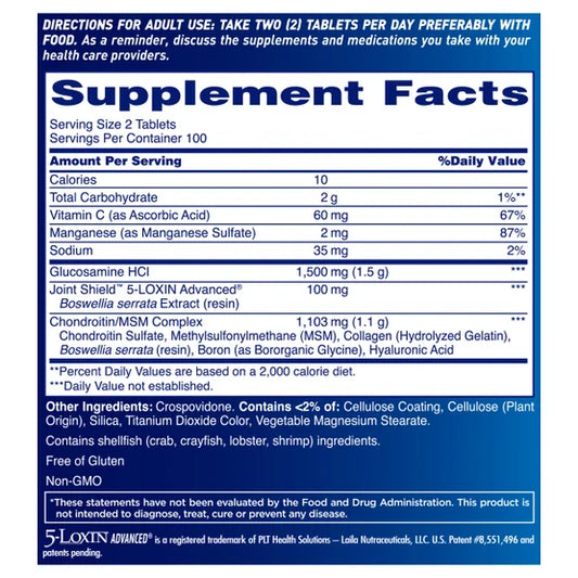 Informação nutricional do Osteo Bi-Flex Triple Strength com glucosamina, condroitina, MSM e 5-LOXIN.