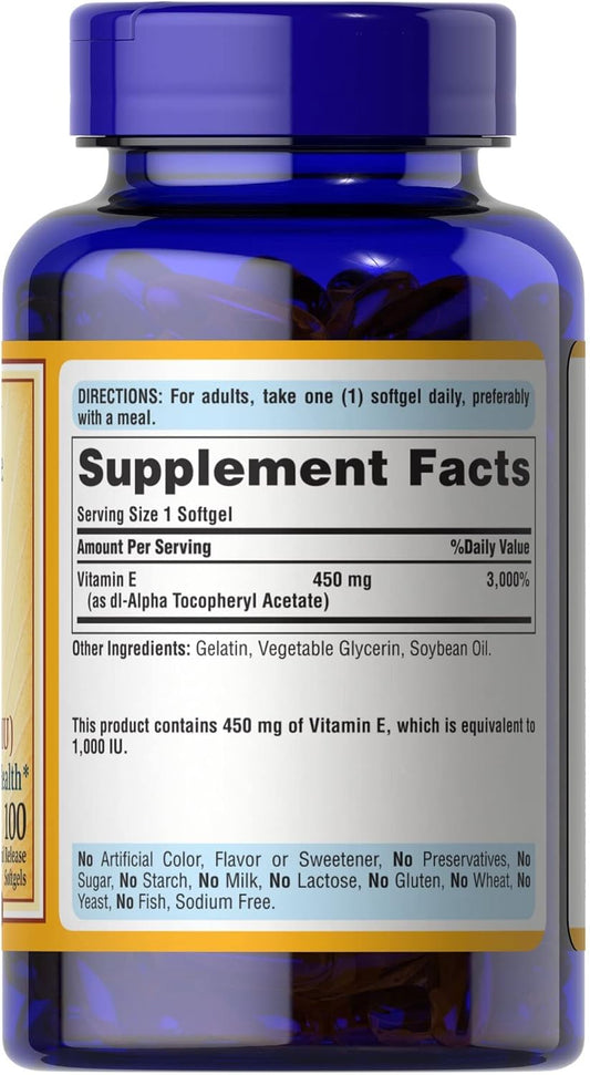 Vitamina E 1000 UI 450 mg Puritan's Pride frasco com 100 softgels originais
