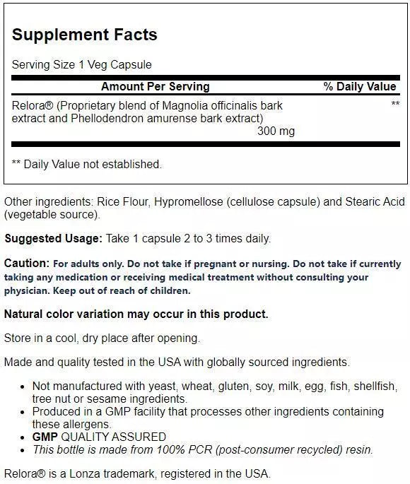 NOW Supplements, Relora 300 mg (uma mistura de extratos vegetais de Magnolia officinalis e Phellodendron amurense), 60 cápsulas vegetais