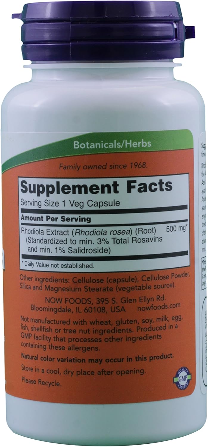 NOW Rhodiola 500mg: Suporte Adaptogênico para o Estresse e Bem-Estar - 60 Cápsulas Veganas