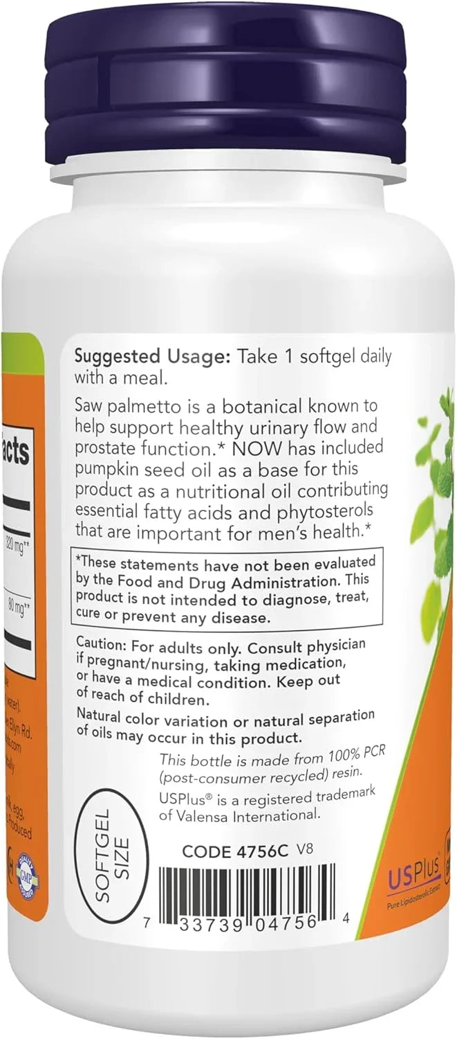 Selos Non-GMO, GMP Quality Assured e Vegetarian Vegan do NOW Saw Palmetto.