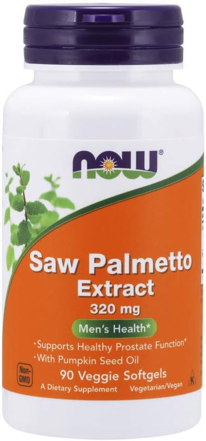 Frasco de NOW Saw Palmetto 320mg com 90 softgels veganas, suplemento para saúde da próstata com óleo de semente de abóbora.