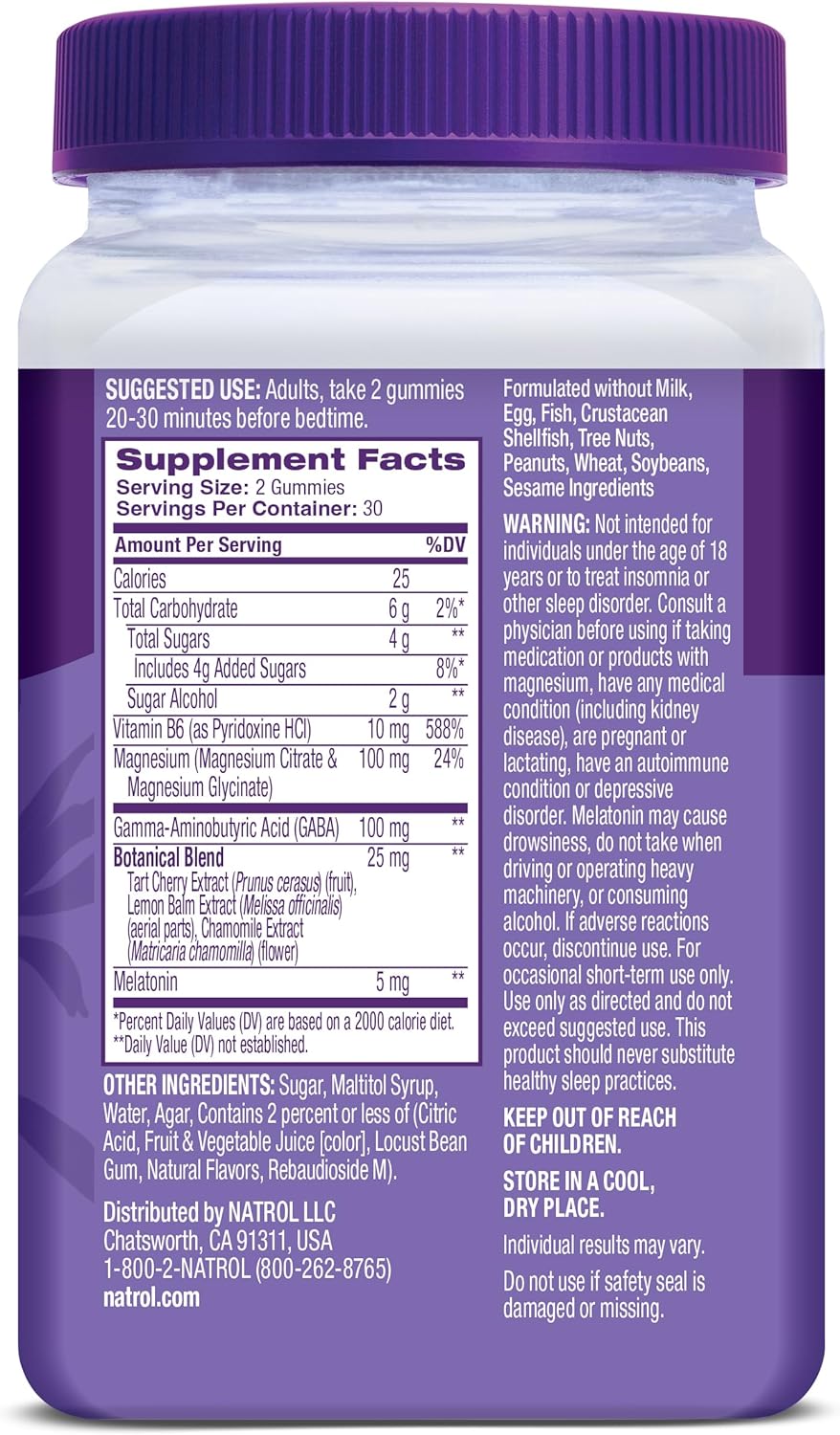 Natrol Sleep + Restore Gomas de Magnésio Glicinato com Melatonina 5mg – Magnésio Calmante com GABA, Blend Botânico, Sabor Cereja, 60 Gomas