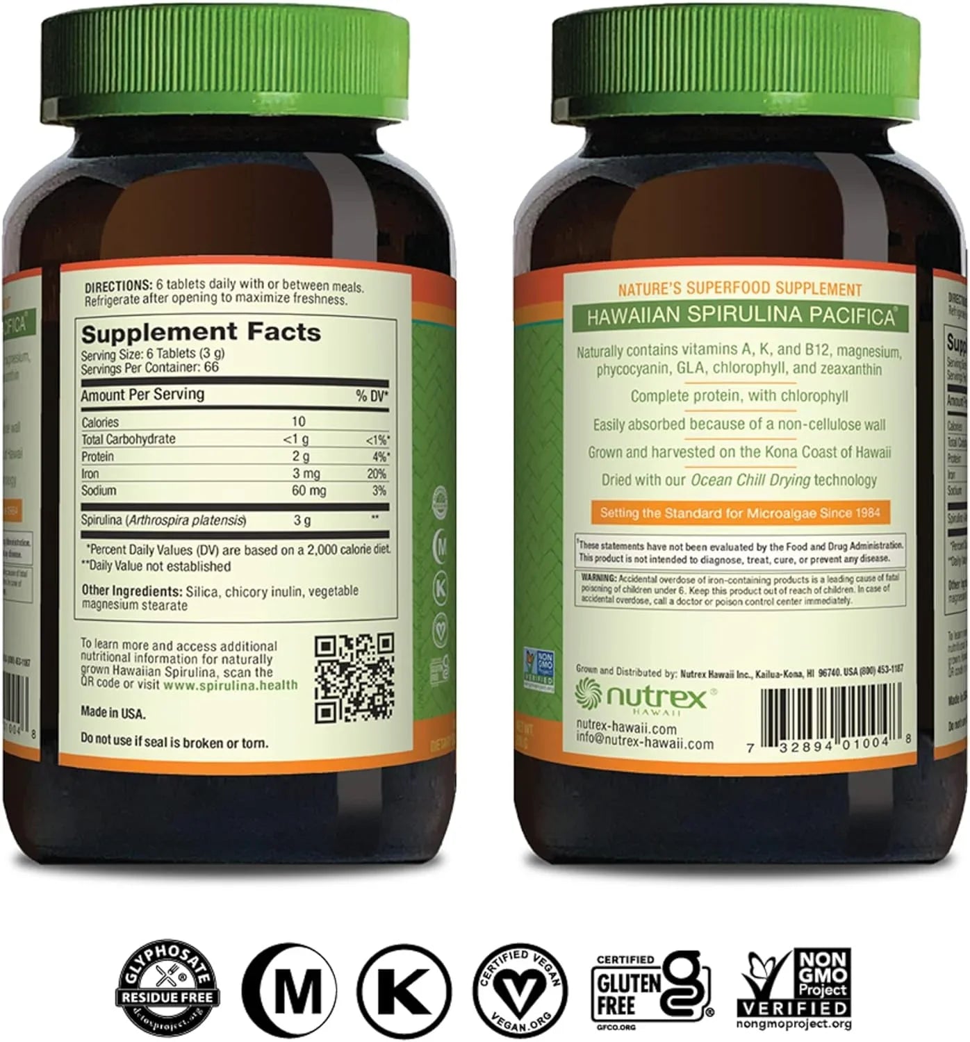 Detalhe dos ingredientes e informações nutricionais da Spirulina Havaiana Pura.