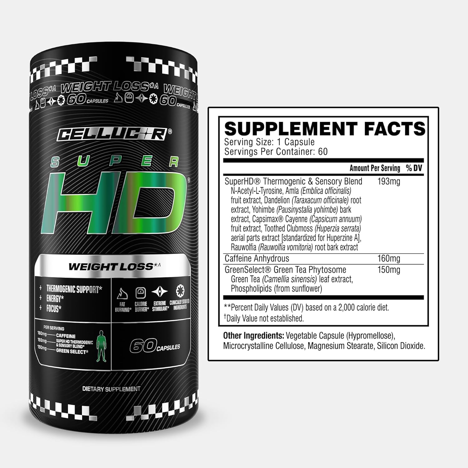 Tabela nutricional Cellucor SuperHD com Capsimax e Cafeína.