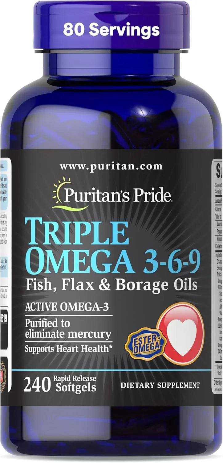 Frasco Puritan's Pride Triplo Ômega 3-6-9 Máxima Força com 240 softgels.