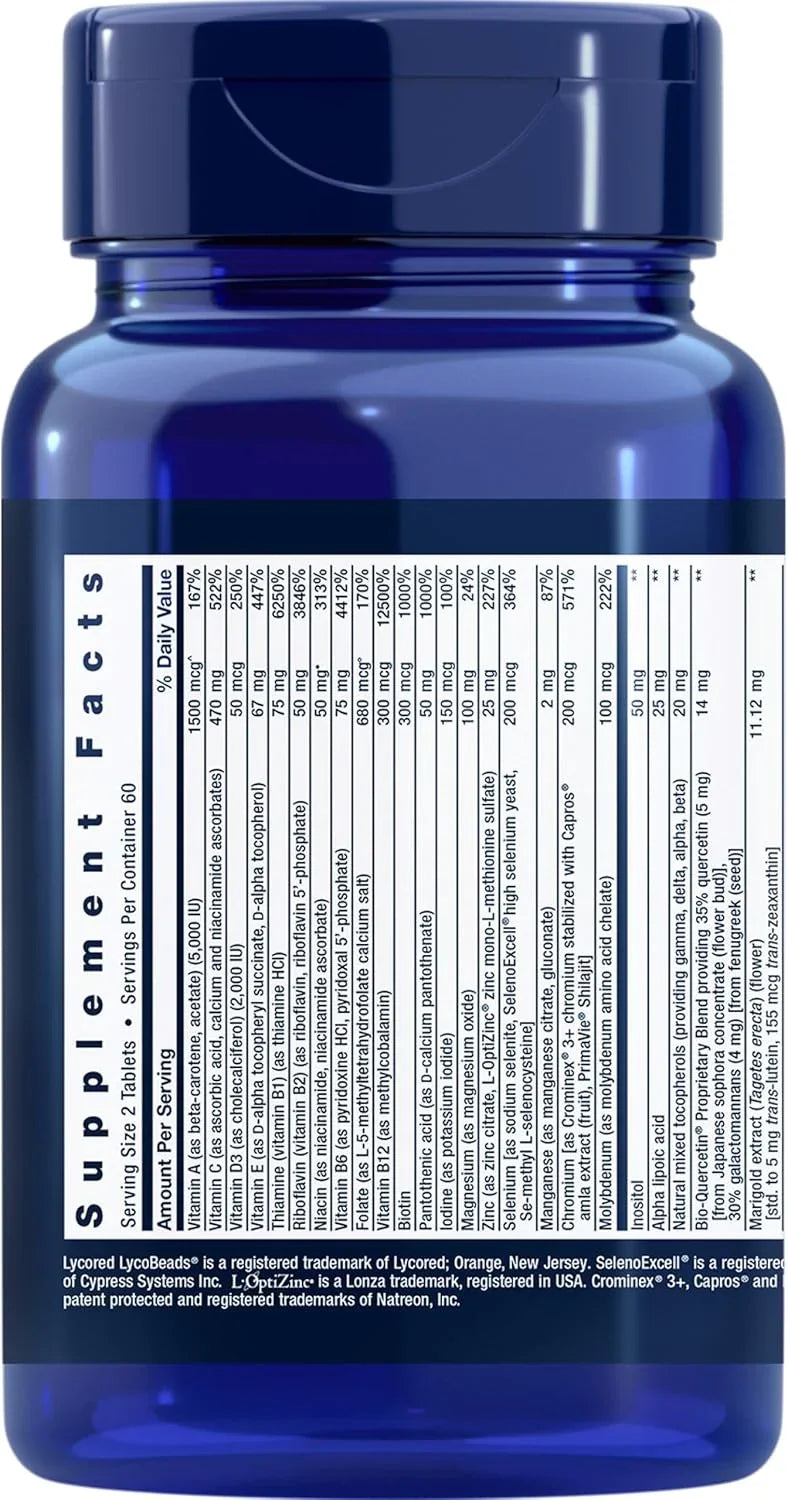Rótulo de suplemento vitamínico com ingredientes e valores diários, frasco azul escuro, importado dos EUA