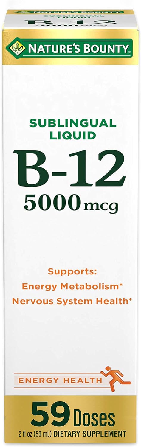 Frasco do suplemento Nature's Bounty Vitamina B-12 5000 mcg líquido sublingual com seu conta-gotas em fundo branco.