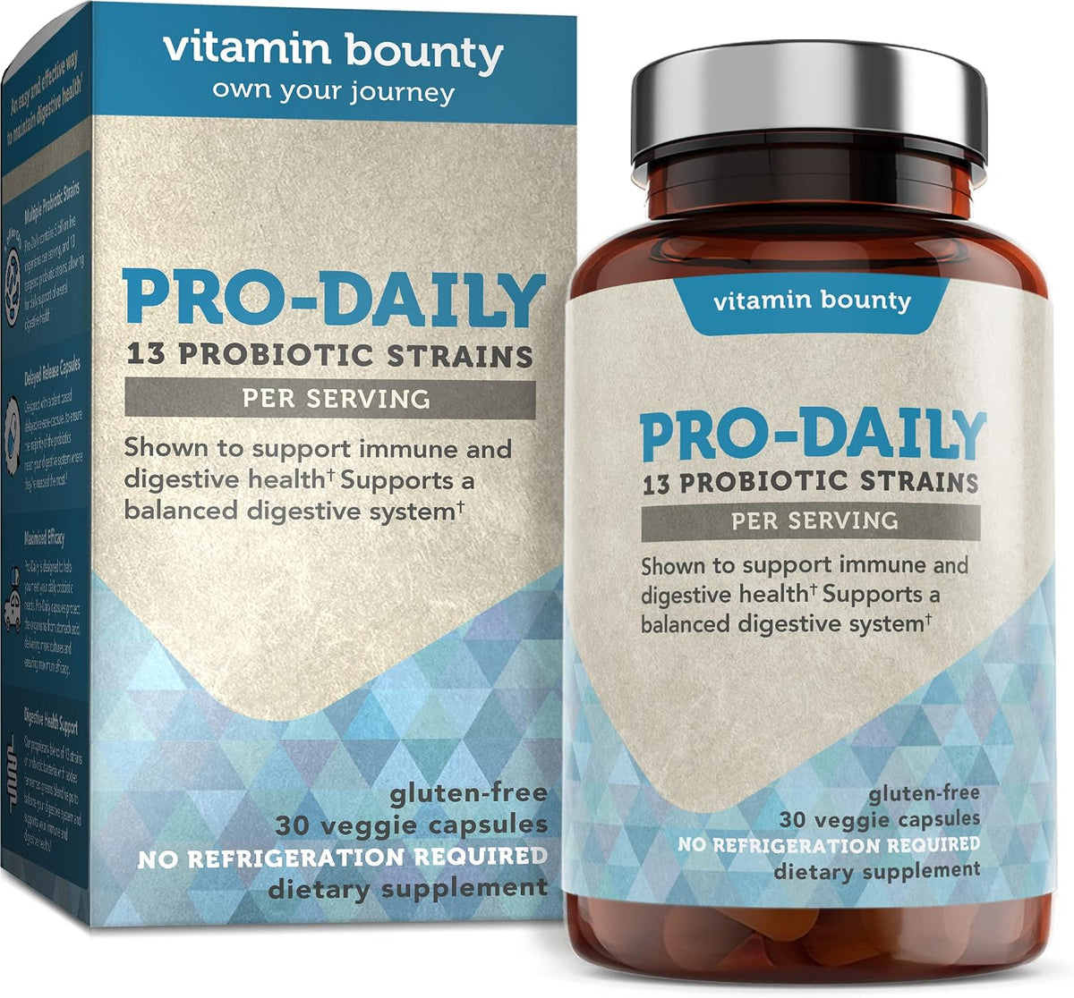 Caixa e frasco Vitamin Bounty Pro-Daily com 30 cápsulas vegetais e 13 culturas probióticas.
