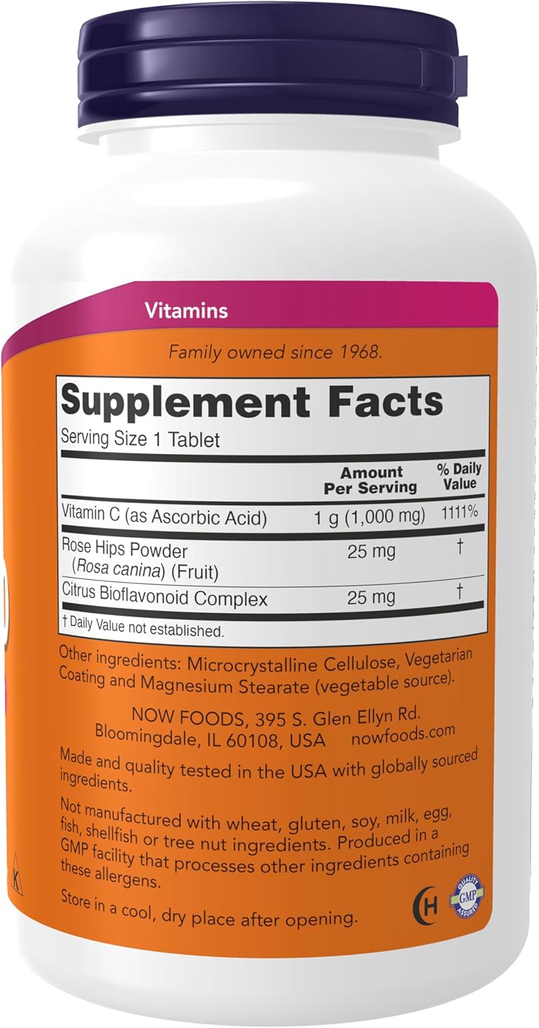 Frasco da Vitamina C-1000 da NOW Foods com 250 comprimidos, enriquecido com Rosa Mosqueta e Bioflavonoides.