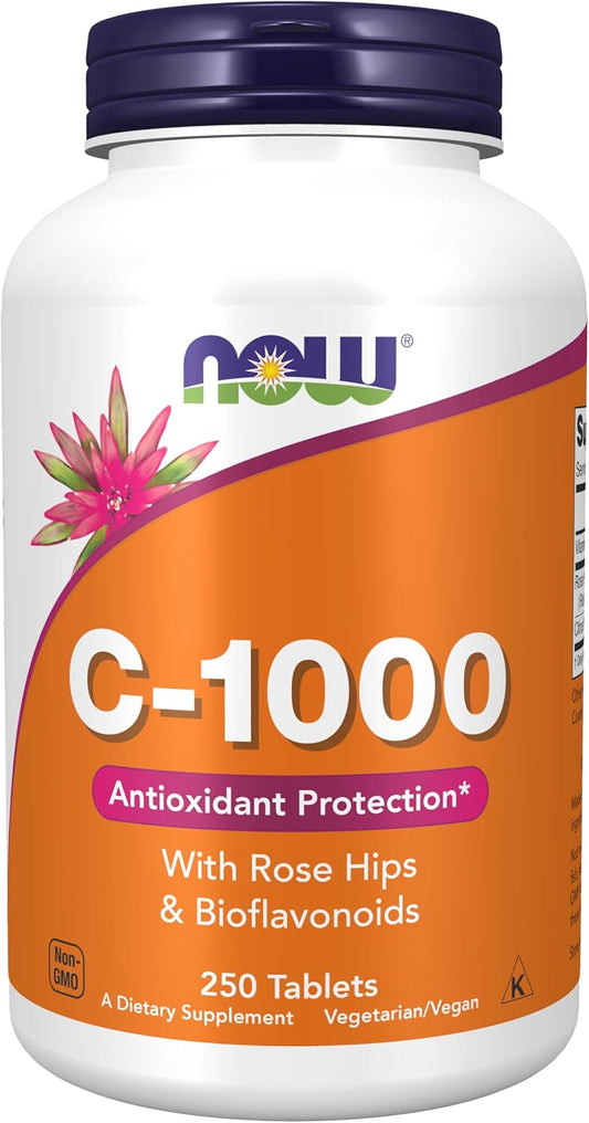 Frasco da Vitamina C-1000 da NOW Foods com 250 comprimidos, enriquecido com Rosa Mosqueta e Bioflavonoides