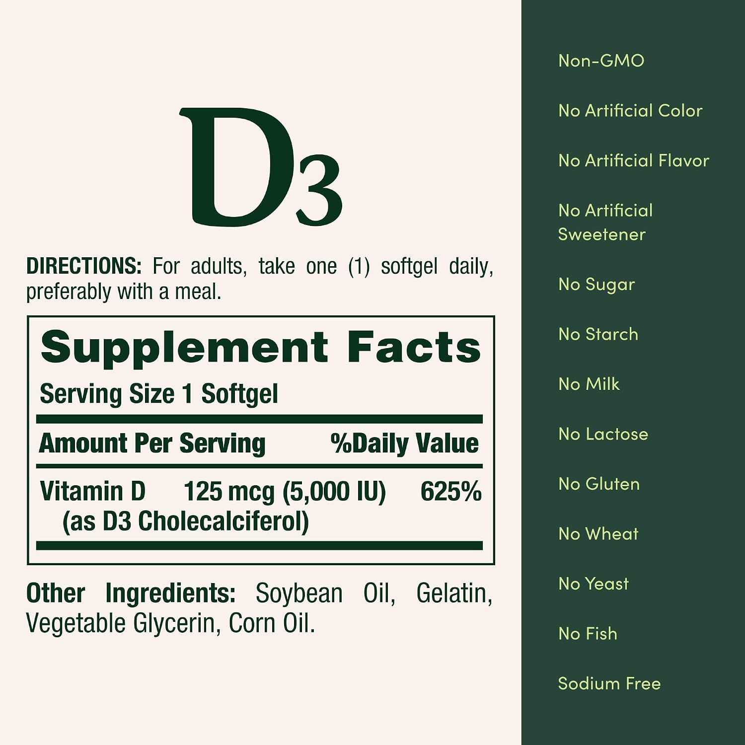 Informação nutricional da Nature's Bounty Vitamina D3 5000 UI com 125 mcg por softgel.