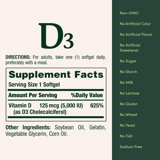 Informação nutricional da Nature's Bounty Vitamina D3 5000 UI com 125 mcg por softgel.