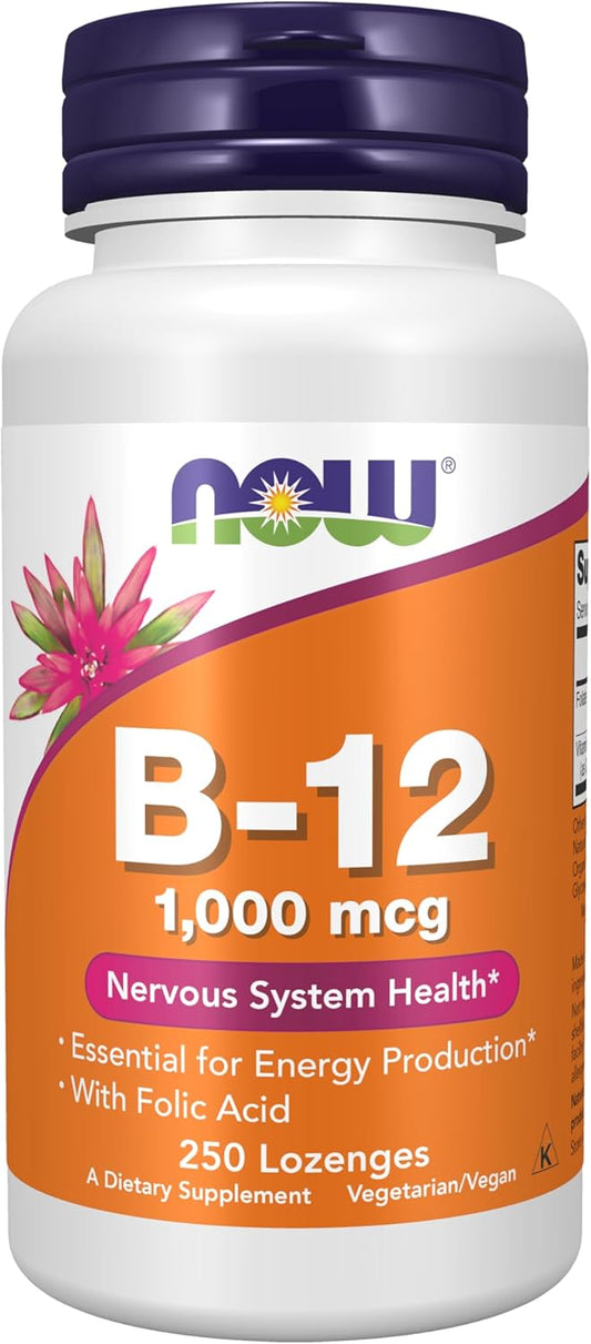 Frasco de suplemento de vitamina B12 1000 mcg com ácido fólico, 250 pastilhas, tampa roxa.