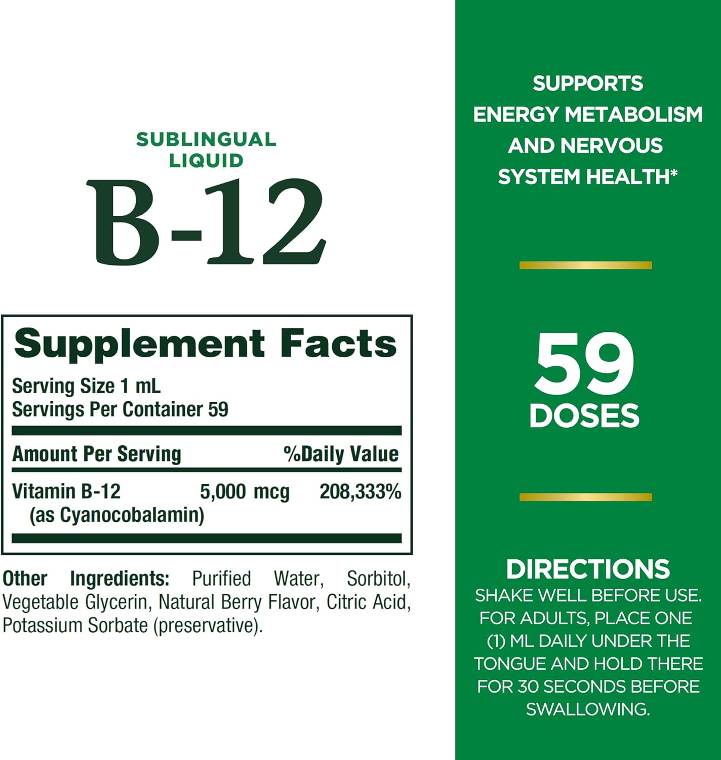 Frasco do suplemento Nature's Bounty Vitamina B-12 5000 mcg líquido sublingual com seu conta-gotas em fundo branco.