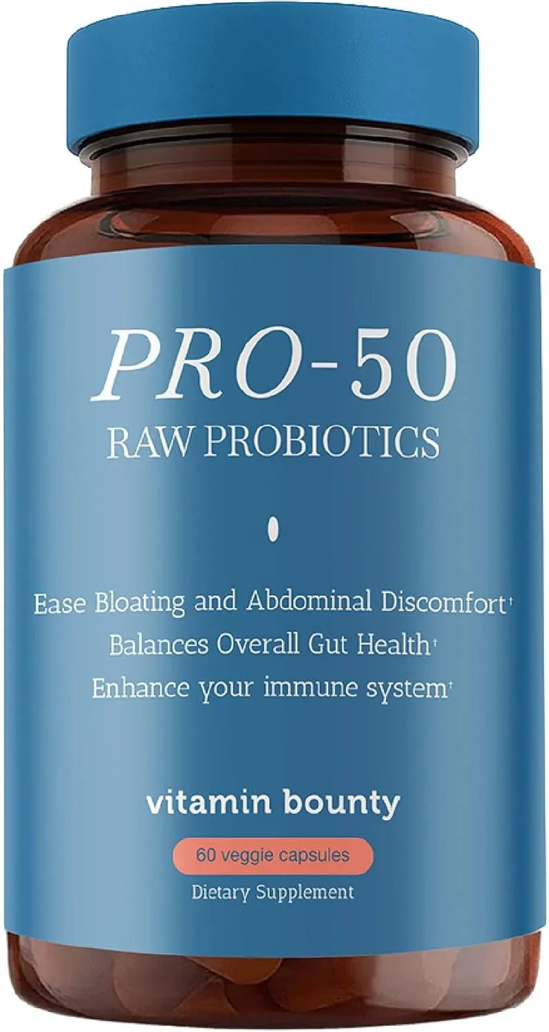 Pote do suplemento Vitamin Bounty Pro-50 Probiótico com 60 cápsulas, destacando 50 bilhões de organismos e 13 cepas, original dos EUA.