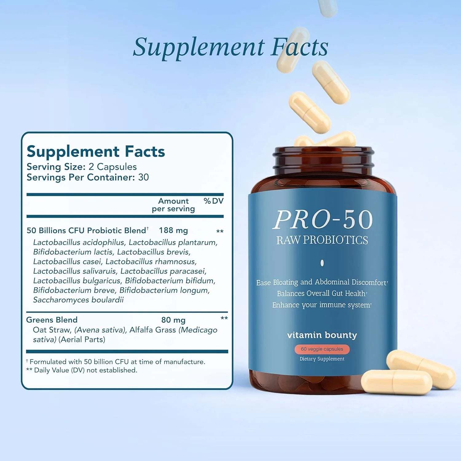 Pote do suplemento Vitamin Bounty Pro-50 Probiótico com 60 cápsulas, destacando 50 bilhões de organismos e 13 cepas, original dos EUA.