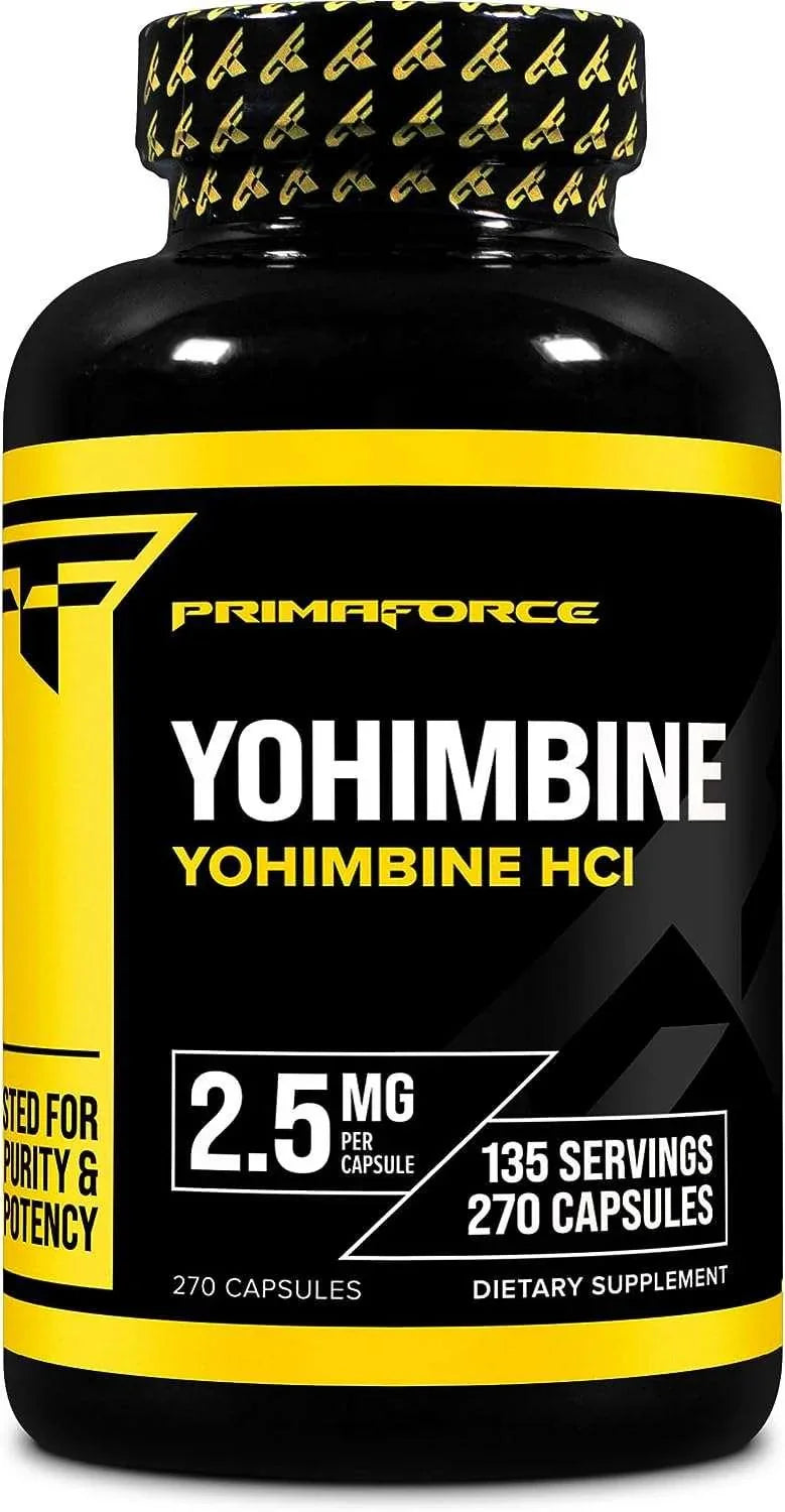 Frasco do suplemento PrimaForce Yohimbine HCl 2,5mg com 270 cápsulas originais para queima de gordura e energia.