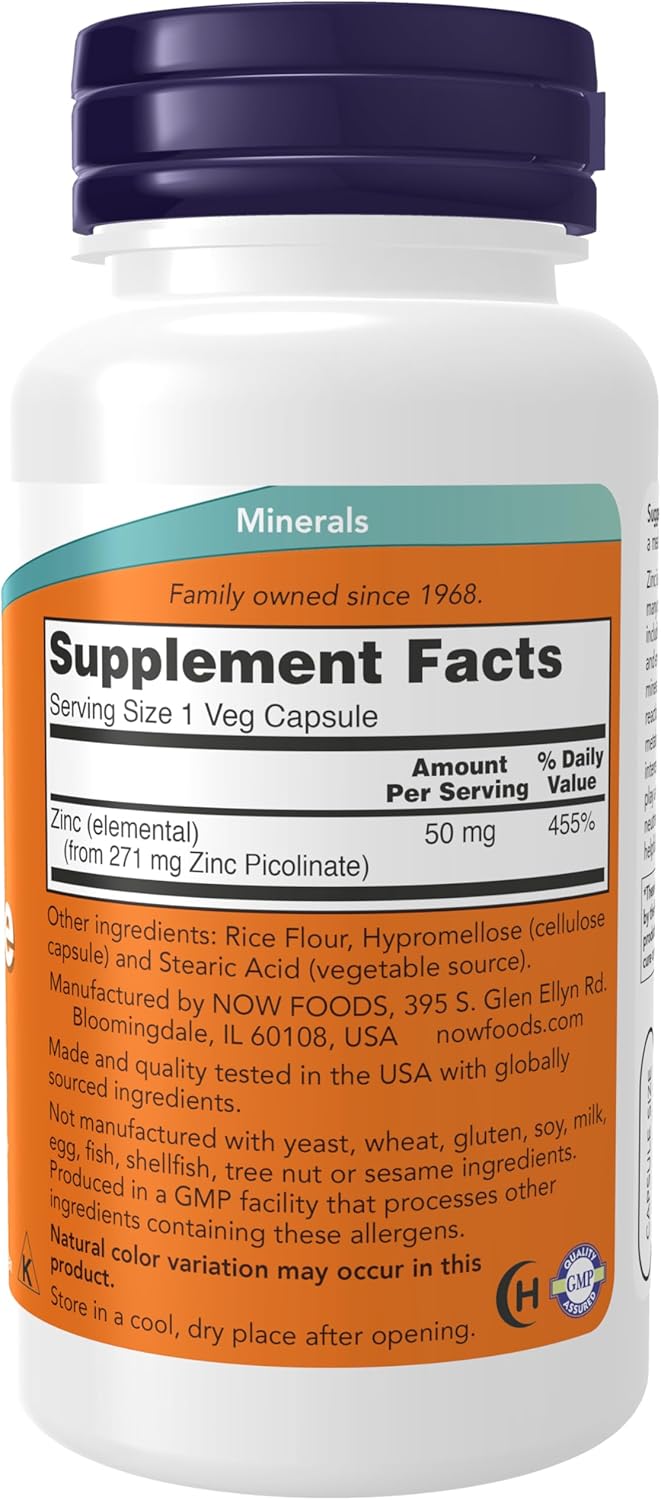 Tabela nutricional do suplemento Zinco Picolinato 50mg NOW Foods informando dosagem e ingredientes.