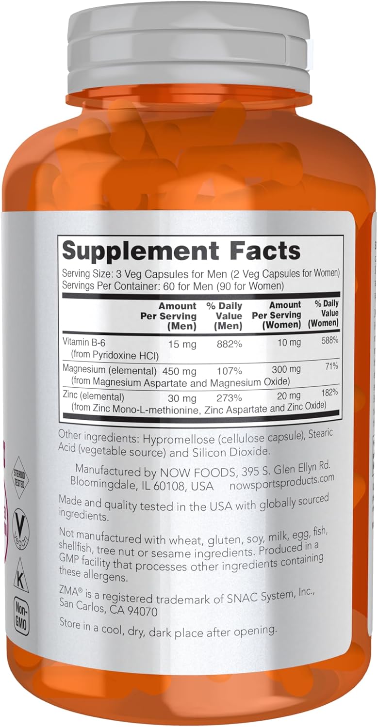 Frasco do suplemento NOW Sports ZMA com 180 cápsulas, para recuperação muscular e sono, vendido pela Nutrivita.