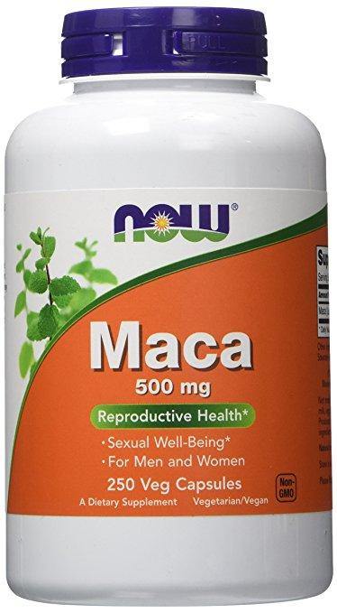 Frasco do suplemento de Maca Peruana 500mg da NOW Foods com 250 cápsulas vegetais.