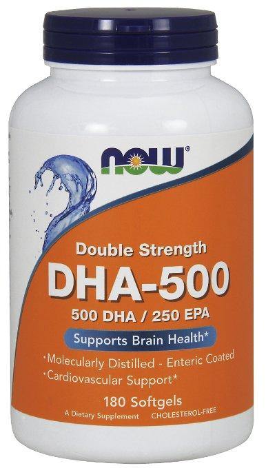 Frasco do suplemento NOW Foods DHA-500, com 180 cápsulas de gel (softgels), mostrando o rótulo com a concentração de 500 DHA e 250 EPA para suporte à saúde cerebral.