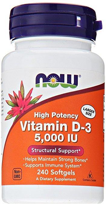 Frasco da NOW Vitamina D-3 5.000 IU com 240 cápsulas softgel, suplemento de alta potência para suporte ósseo e imunológico
