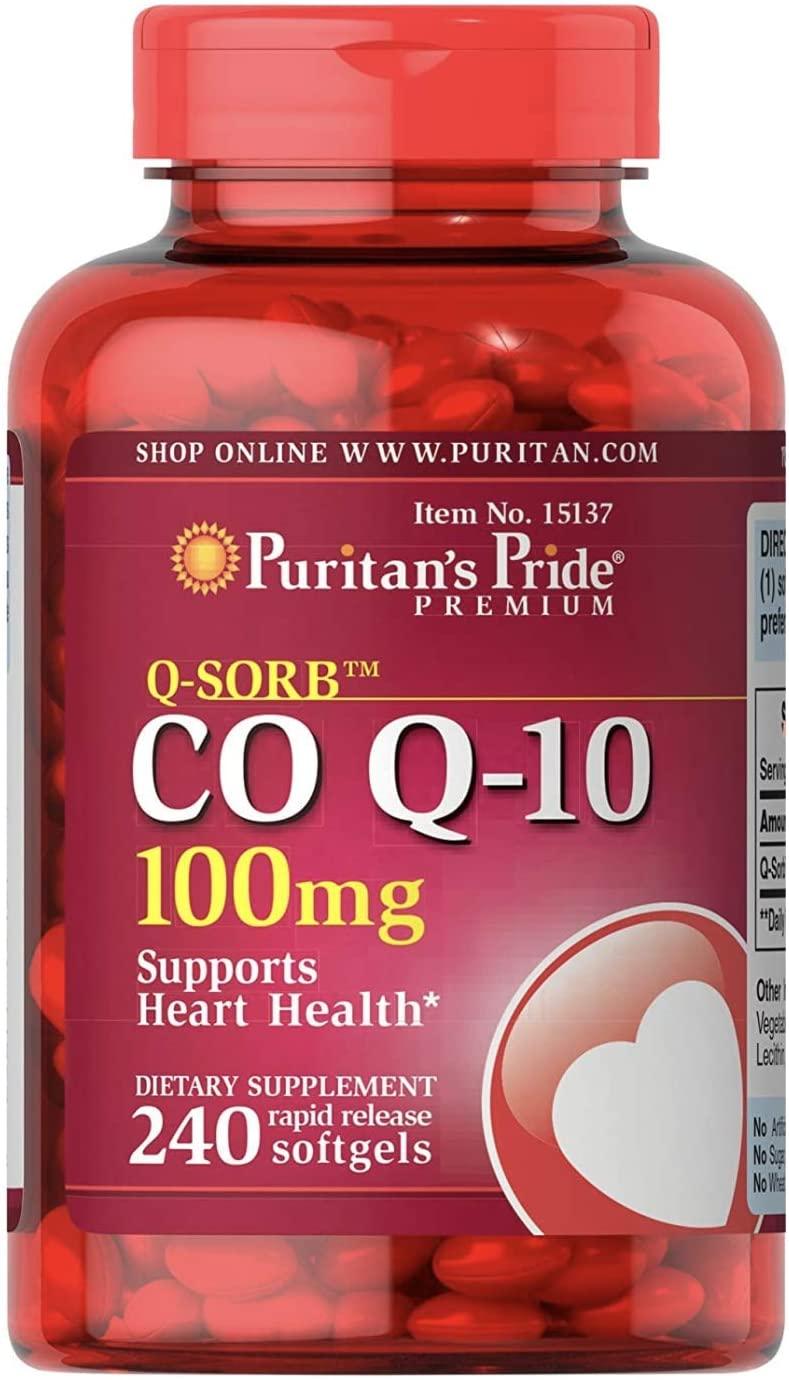 Frasco de Puritans Pride CoQ10 100mg Q-SORB com 240 cápsulas softgels e rótulo em português.