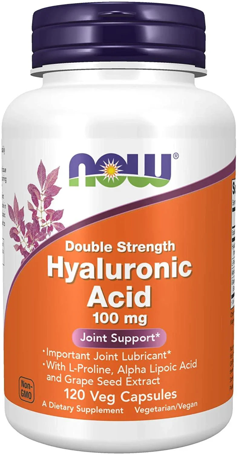 Frasco de suplemento Ácido Hialurônico Força Dupla 100 mg da marca Now Foods com 120 cápsulas vegetais, vendido pela Nutrivita Suplementos.