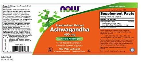 NOW Foods Ashwagandha 450 mg 180 Capsulas vegetais