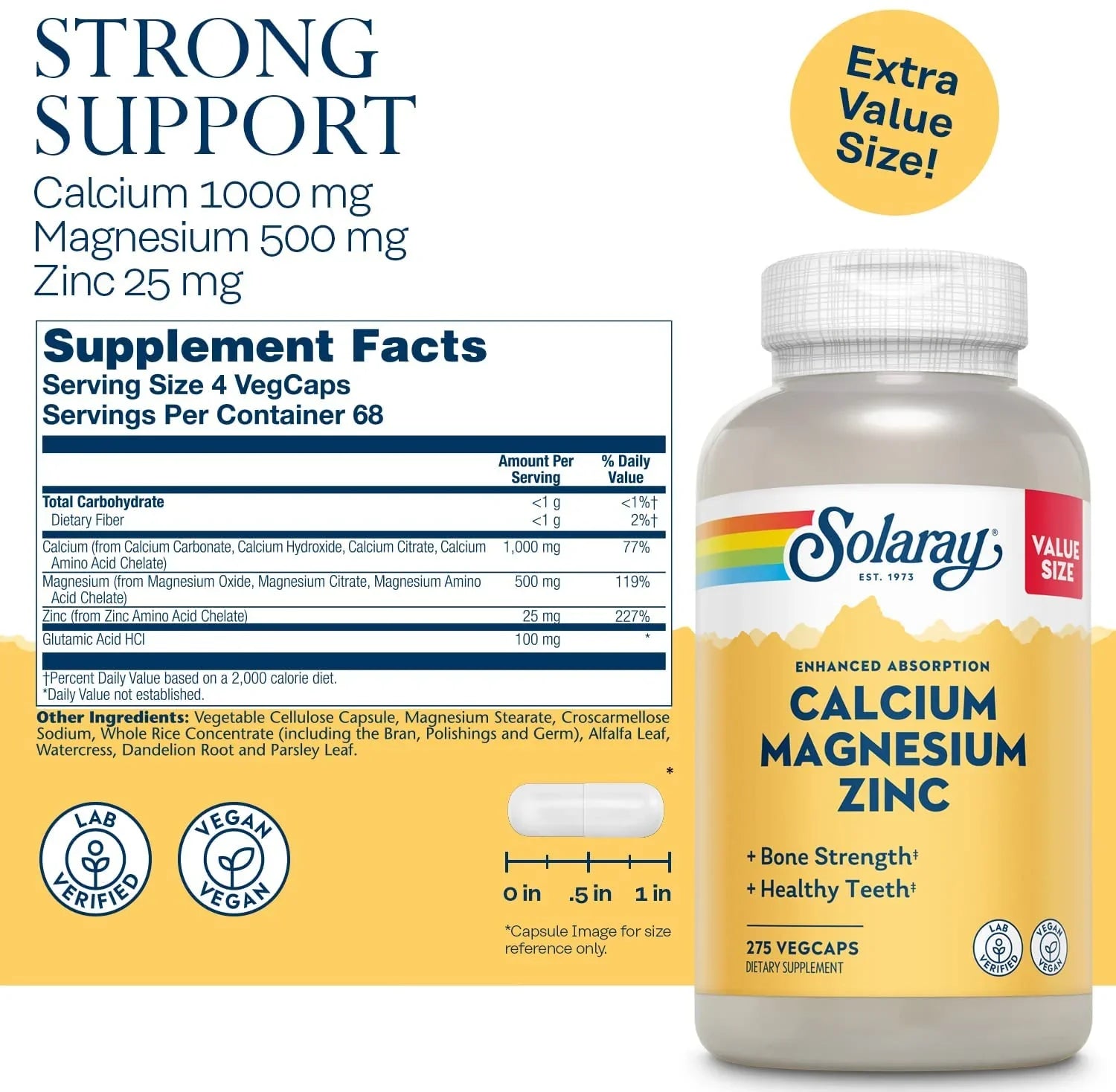 Frasco de suplemento Solaray Calcium Magnesium Zinc com 275 cápsulas, indicado para ossos e dentes saudáveis.
