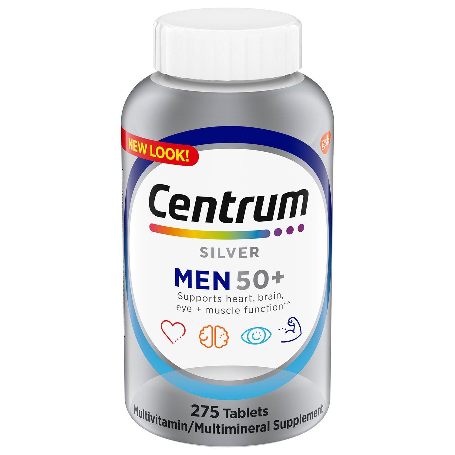 Frasco de Centrum Silver para Homens Acima de 50 Anos com 275 comprimidos, suplemento multivitamínico importado dos EUA, indicado para suporte à saúde do coração, ossos, visão, imunidade e energia.