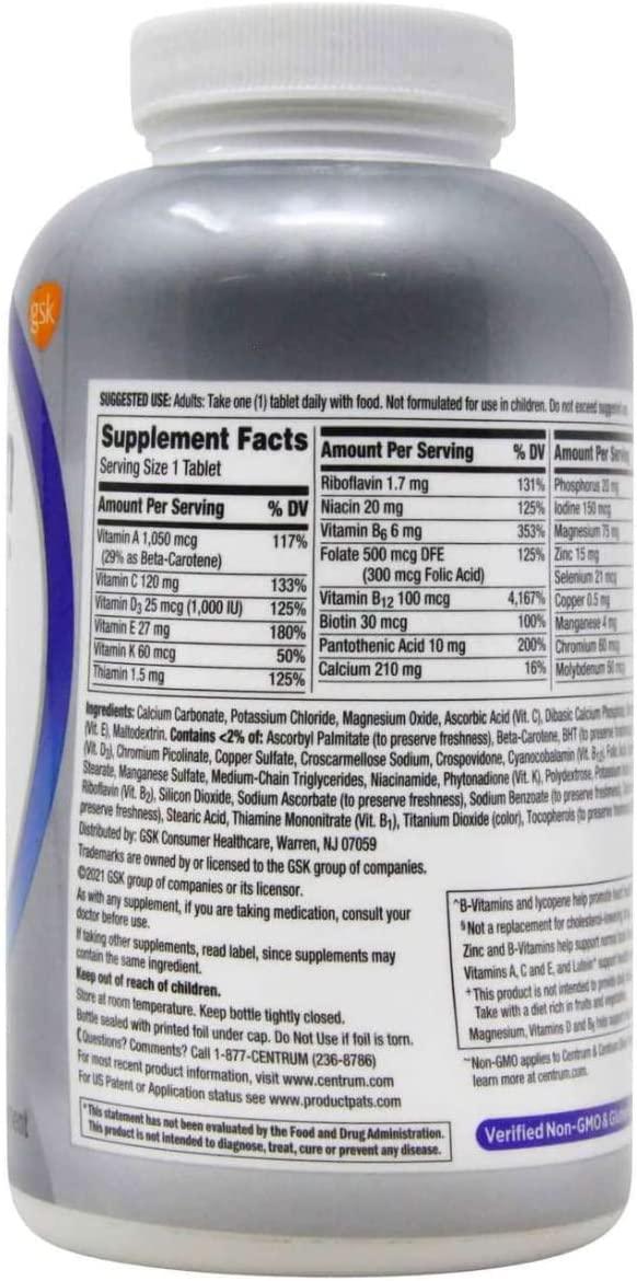 Imagem do suplemento Centrum Silver para homens 50+, embalagem original com selo, produto importado e completo para suporte nutricional.