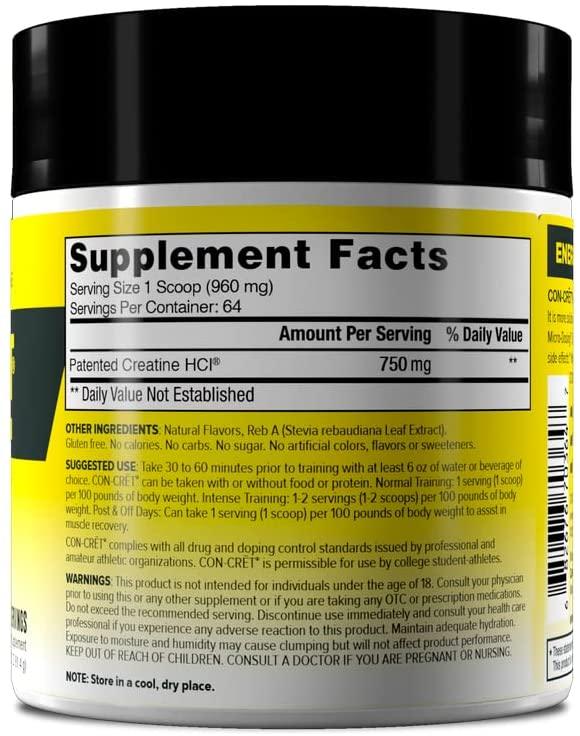 Pote do suplemento Promera Con-Cret Creatina HCI em Pó, 64 doses, com rótulo amarelo e preto em destaque.