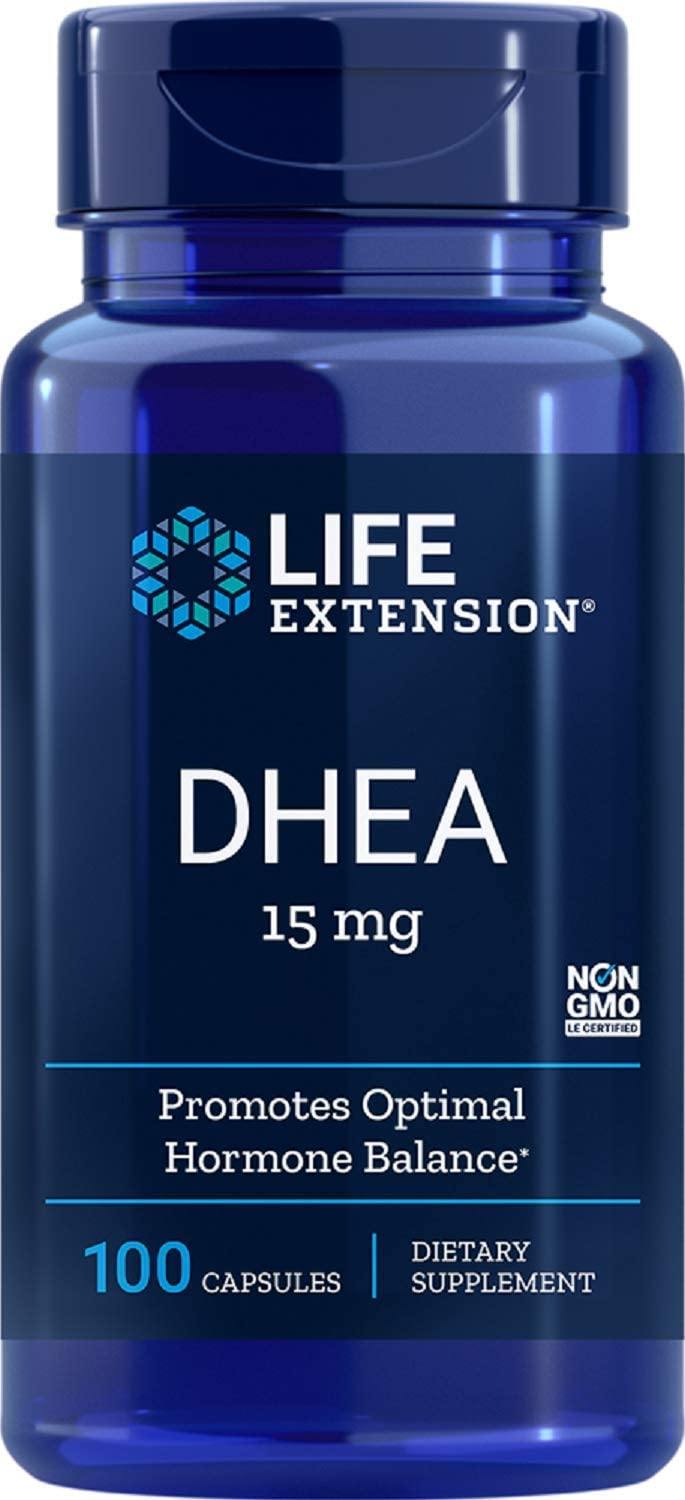 Life Extension DHEA 15 mg, desidroepiandrosterona, equilíbrio hormonal saudável, saúde cardiovascular, suporta massa muscular magra, sem glúten, não GMO, 100 cápsulas