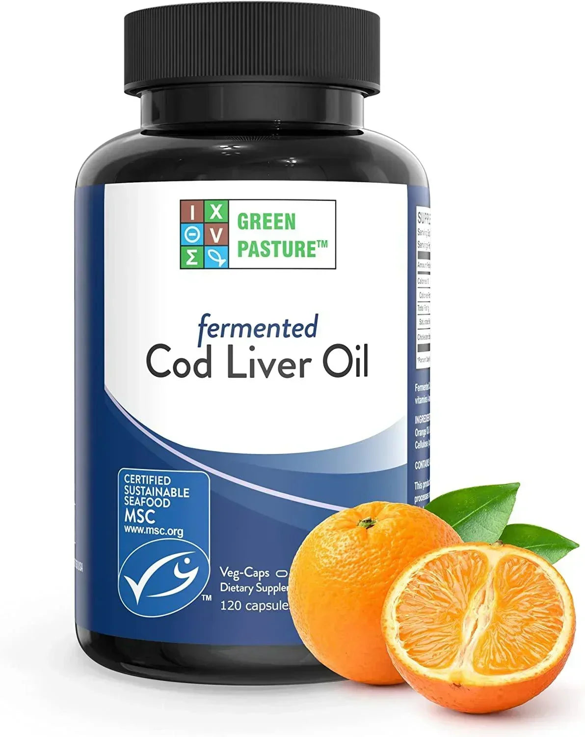 Óleo de fígado de bacalhau fermentado em cápsulas vegetais com laranja fresca