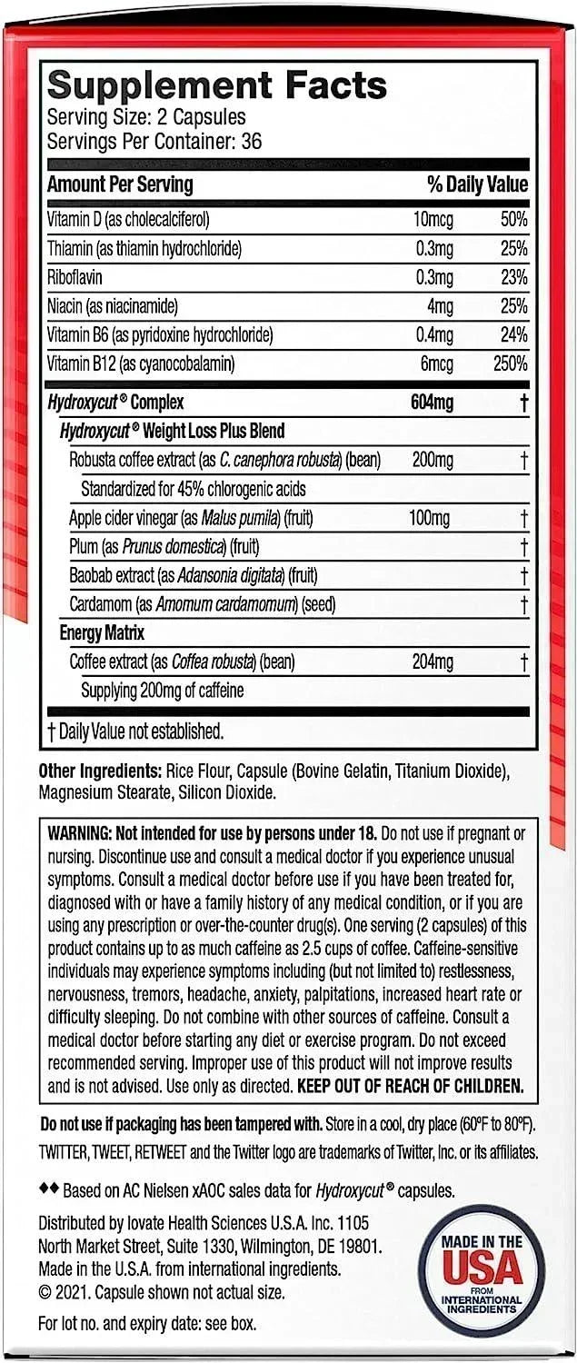 Frasco de Hydroxycut Pro Clinical com 72 cápsulas, suplemento termogênico para definição muscular e energia, importado original dos EUA vendido pela Nutrivita.
