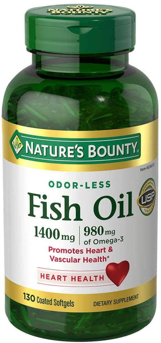 Frasco do suplemento Ômega-3 Nature's Bounty 1400 mg, 130 cápsulas gelatinosas – fórmula concentrada de EPA e DHA para saúde cardiovascular