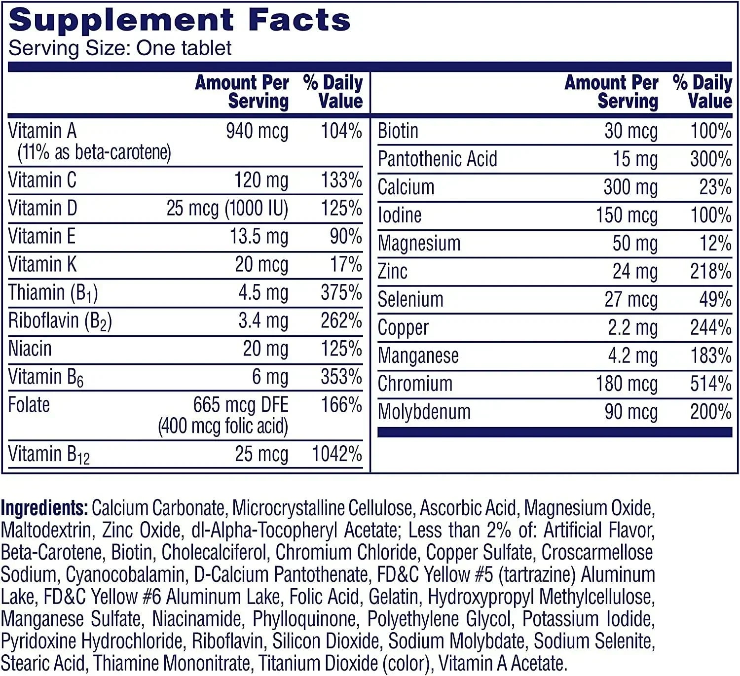 Tabela Nutricional e lista de ingredientes do One A Day Women's 50+ suplemento vitamínico para mulheres acima de 50 anos.