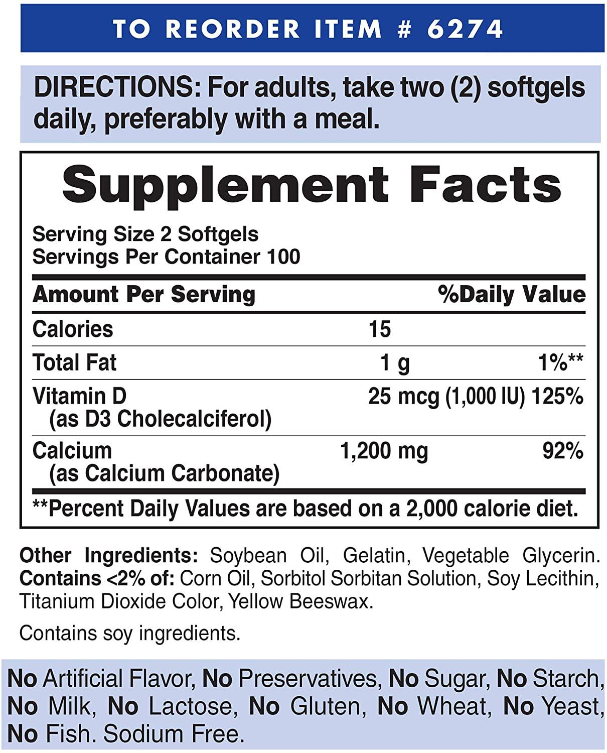 Puritan's Pride Cálcio Absorvível 1200 mg com Vitamina D3 1000 UI, 200 Caps - NutriVita